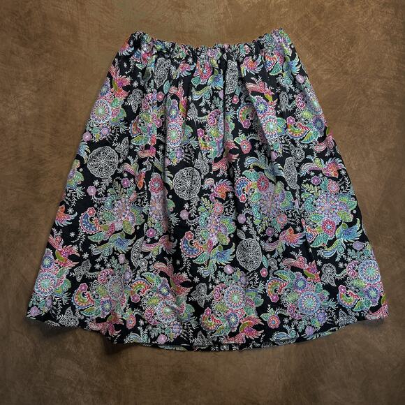 Vintage 90s Handmade Paisley Bird Midi Skirt Multicolor Black Elastic Waist Boho - Picture 3 of 4